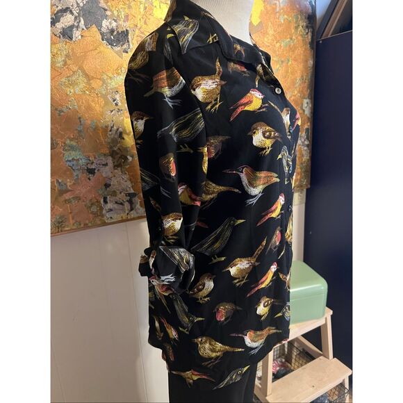 Mishca Gorgeous Bird Print Blouse Adjustable Sleeve Black & Multi M - Picture 2 of 7